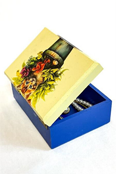 Uretti - Hülya 6683 2378 Handmade Nostalgic Retro Cat Printed Square Wooden Decorative Storage / Jewelry Box