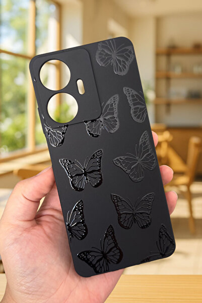 Vip Case Realme C55 Uyumlu Siyah Kelebek Desenli Silikon Darbe Emici Klasik Korumalı Rubber Kılıf