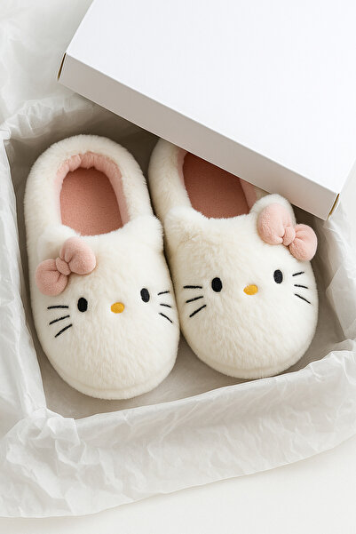 StWenn Hello Figured Ribbon Detailed Bowknot Winter Unisex House Slippers Non-Slip Sole