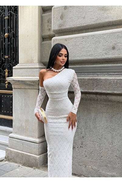 PASSİONE MİA Dantelli Tek Kol Uzun Elbise