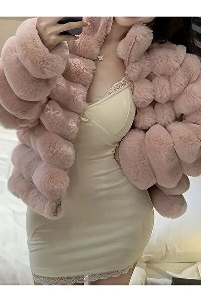 NeednStore Női halvány rózsaszín szőrme rövid pufferkabát