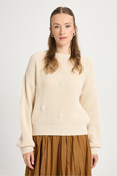 minaaise Pulover tricotat cu detalii de perle de piatră pentru femei 30035