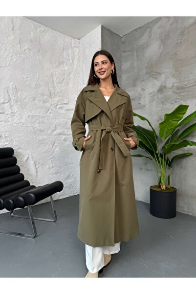 Elif Özbey Butik Haki Kuşaklı Maxi Trenç