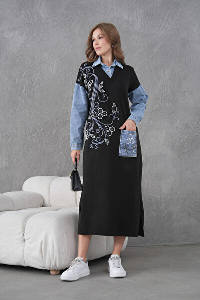 Miss Allos Kadın Kolları Kot Önü Boncuk İşlemeli Geniş Kalıp Uzun Triko Elbise