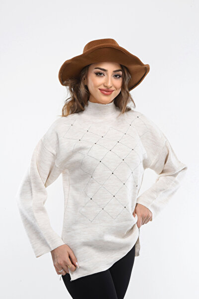 H&E LUXURY DESIGN Tunica tricotată cu jumătate de gât cu broderie crem pentru femei