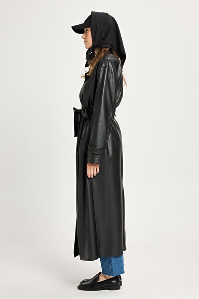 minaaise Kadın Siyah Oversize Astarsız Tam Boy Deri Trench 30022