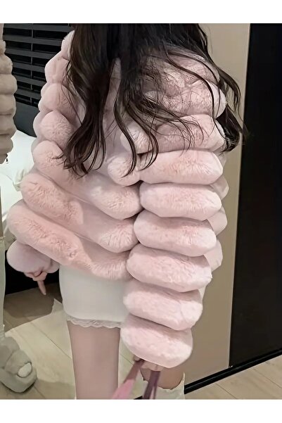 NeednStore Női halvány rózsaszín szőrme rövid pufferkabát