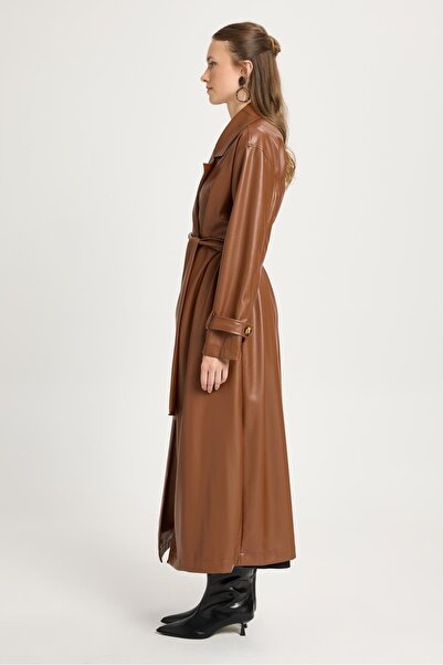 minaaise Women's Brown Oversize Unlined Full Length Leather Trench 30022