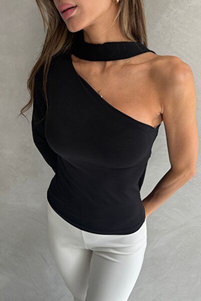 Ulino Μακρυμάνικη πλεκτή μπλούζα με ασύμμετρο λαιμό και λεπτομέρεια φουλάρι