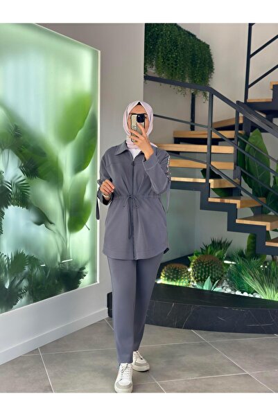 Armine Trend Kolları Şerit Detaylı Pantolonlu Takım 25KT604 Antrasit