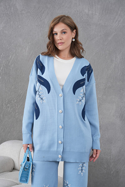 Miss Allos Women's Beaded Wide-Fit Knitwear Cardigan and Pants Bottom-Top Set