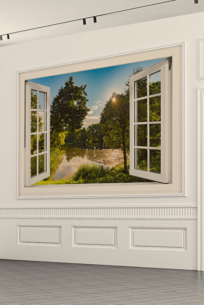 dreamwall Gün Batımında Göl Manzaralı Pencere Görünümlü Duvar Kağıdı