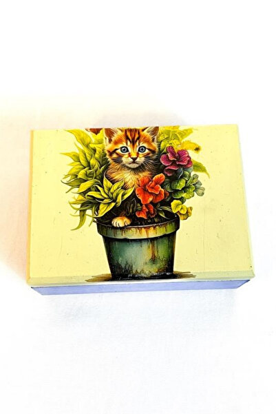 Uretti - Hülya 6683 2378 Handmade Nostalgic Retro Cat Printed Square Wooden Decorative Storage / Jewelry Box