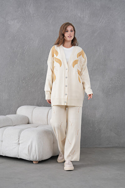 Miss Allos Women's Beaded Wide-Fit Knitwear Cardigan and Pants Bottom-Top Set