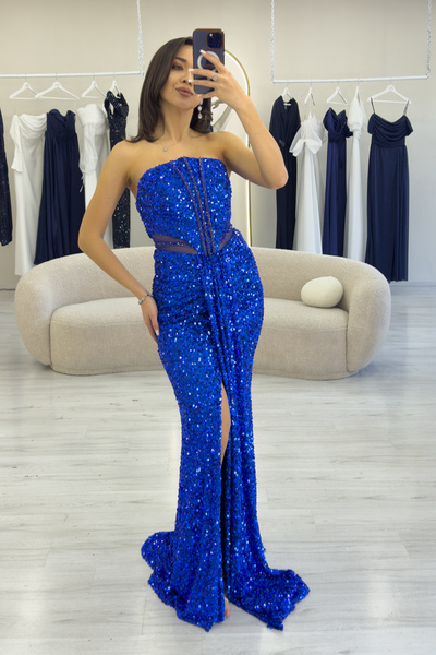 thezkscom Straplez Bel Dekolteli Pul Payet Abiye Elbise Gümüş, Saks,Gold, Pud...