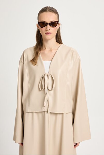 minaaise Stone Leather Front Tie Short Jacket Kimono 30023
