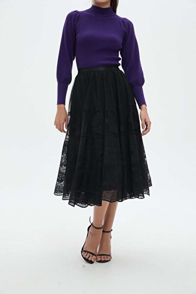 Nichii تنورة ميدي سادة مع تفاصيل من الدانتيل