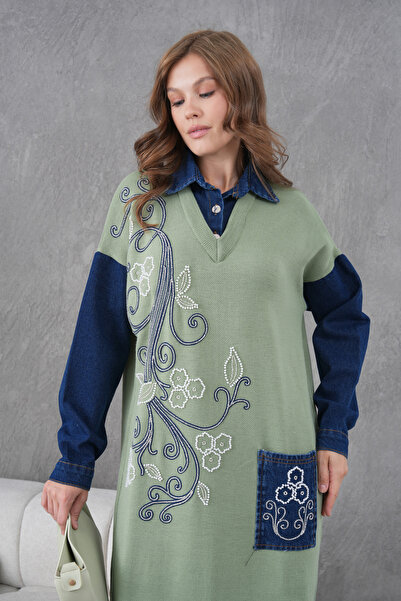 Miss Allos Kadın Kolları Kot Önü Boncuk İşlemeli Geniş Kalıp Uzun Triko Elbise