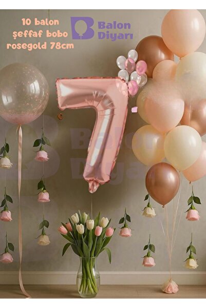 BALON DİYARI 7 Year Old Rosegold Birthday Set with Transparent Bobo Gift