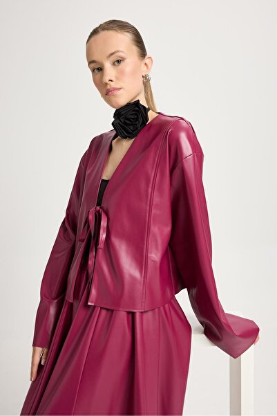 minaaise Burgundy Leather Front Tie Short Jacket Kimono 30023