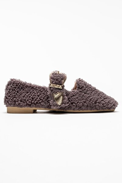 CCWAY AYAKKABI Large Gold Buckle Indoor Ballet Flats Gray
