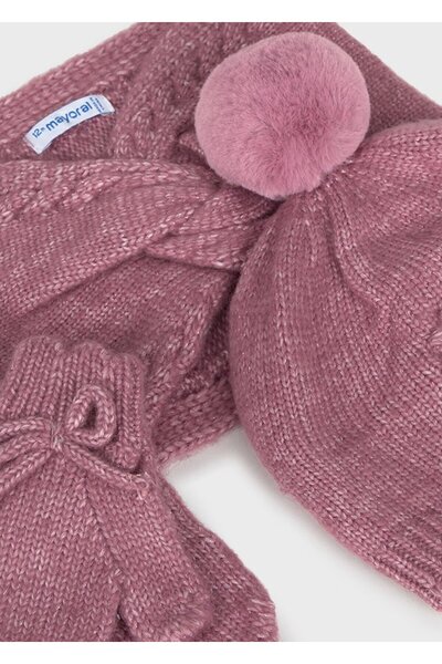 MAYORAL Girl's Pompom Scarf Beanie Gloves Set Pink 10019