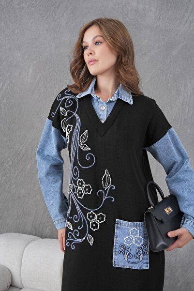 Miss Allos Kadın Kolları Kot Önü Boncuk İşlemeli Geniş Kalıp Uzun Triko Elbise