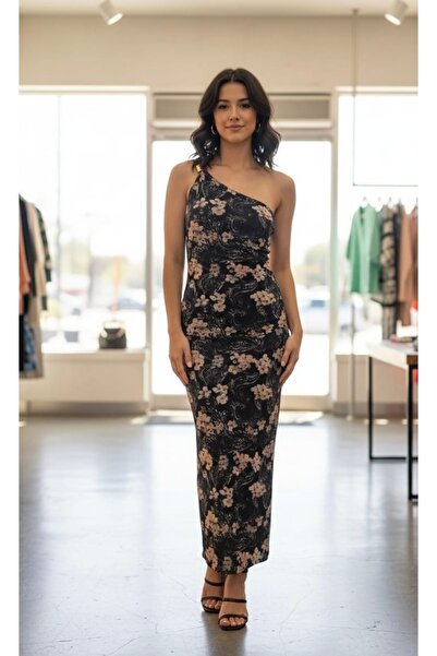 MODA Tek omuz çiçekli elbise siyah