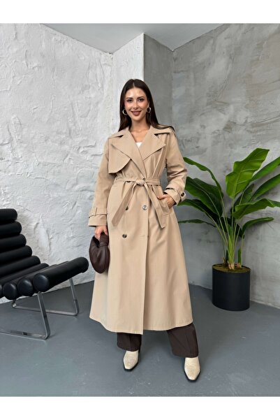 Elif Özbey Butik Camel Kuşaklı Maxi Trenç