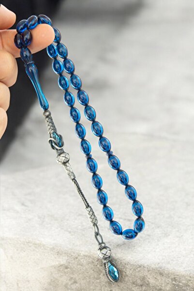 Tesbih Otağı Silver Kazaz Tassel Blue Fire Amber Prayer Beads – with Special Wooden Box