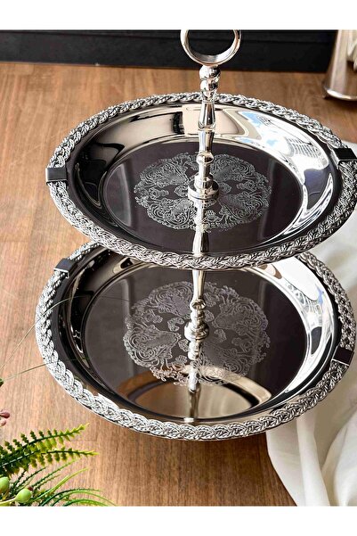 ROSSEV Halat Desenli 2 Katlı Metal İkramlık ve Sunum Standı – 26x26x26 cm