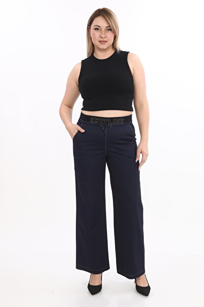 EXİTLİNE Kadın Lastik Kemerli Özel Kot Kumaş Yazlık Siyah Pantolon