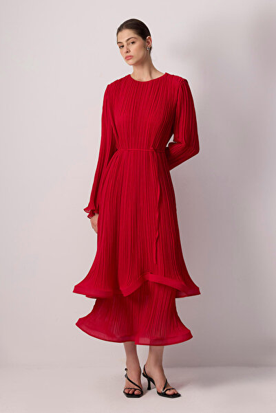 Touché Privé Bibe Belted Pleated Chiffon Dress