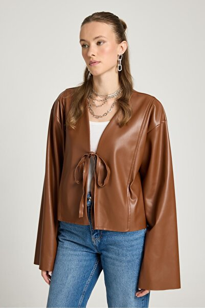 minaaise Brown Leather Front Tie Short Jacket Kimono 30023