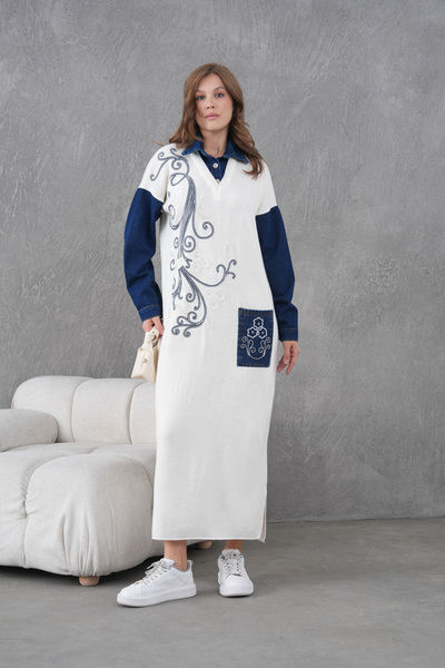Miss Allos Women's Sleeves Denim Front Beading Wide Fit Long Knitwear Dress