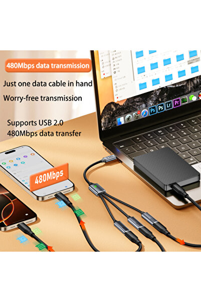 LivX 3'lü Type-C Çoklayıcı 25 Cm Hızlı Şarj ve 480 Mbps Veri Aktarımı 3CC