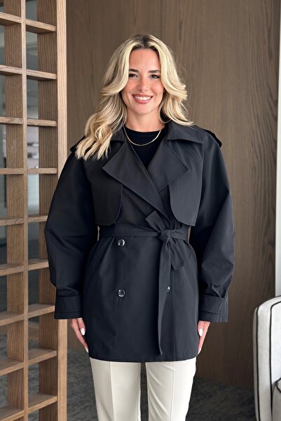 Laluvia Black Miyabi Windbreaker Detailed Belted Short Trench Coat - 7556