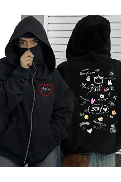 Touz Moda Stray Kids Maske Detaylı Oversize Fermuarlı Siyah Unisex Kapüşonlu ...