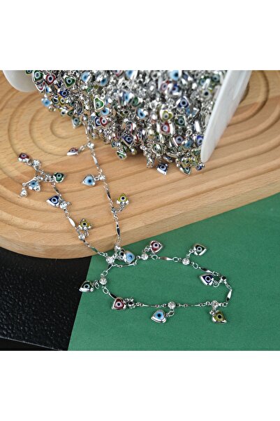 Prestij Boncuk Gümüş Metal Zincir Sallantılı Renkli Nazar Boncuklu Zincir Göz...