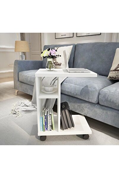 Eleva Home Wooden Rolling C-Shaped Side Table, Modern End Table with Shelves for Living Room or Home