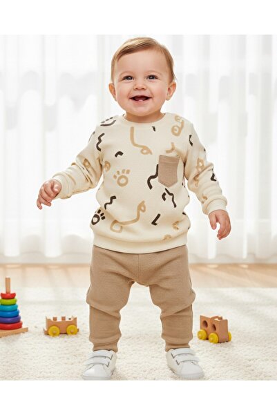 Ege Bebek طقم للأولاد الصغار بطباعة هندسية، قماش وافل، موسمي 6-9-12-18-24 شهر...