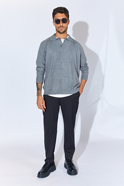 Manche Polo Yaka Düğmeli Reglan Kol Kazak - Gri | MEW515228-01