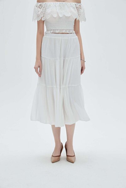 mica Solid Ruffled Midi Skirt