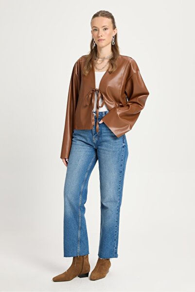 minaaise Brown Leather Front Tie Short Jacket Kimono 30023