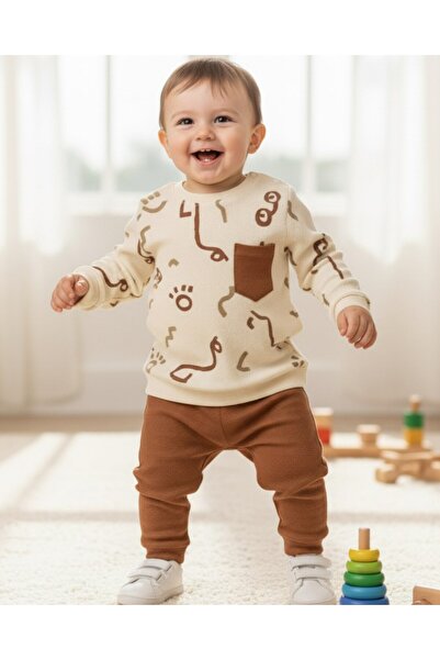 Ege Bebek Baby Boy Geometric Printed, Waffle Fabric, Seasonal 6-9-12-18-24 Months Long Sleeve Boy Set