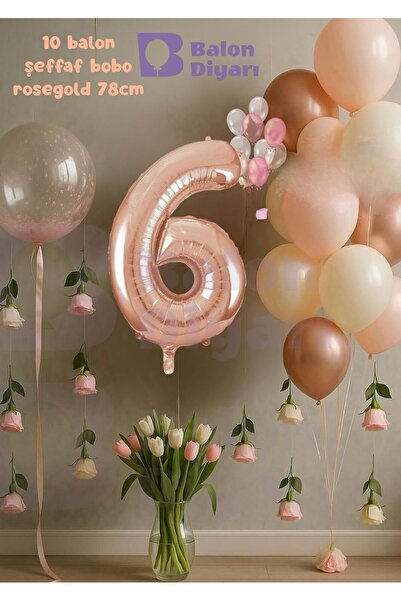 BALON DİYARI 6 Year Old Rosegold Birthday Set with Transparent Bobo Gift