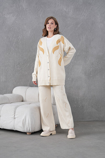 Miss Allos Women's Beaded Wide-Fit Knitwear Cardigan and Pants Bottom-Top Set