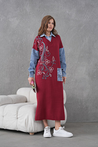 Miss Allos Kadın Kolları Kot Önü Boncuk İşlemeli Geniş Kalıp Uzun Triko Elbise