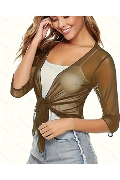 Sello Store Kadın Bolero Haki 3/4 Kol Önden Bağlamalı Tül Dokuma