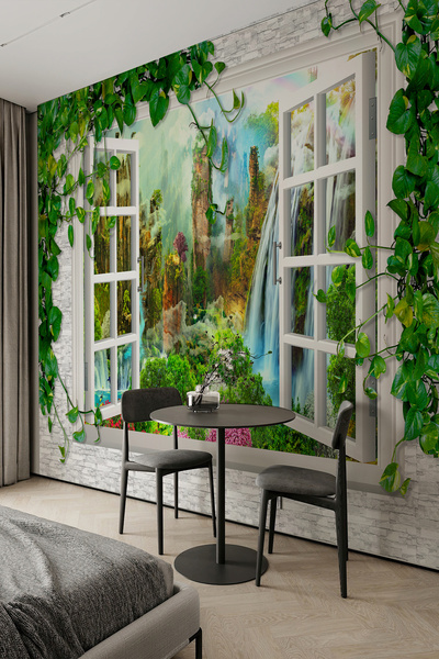 dreamwall 3D Pencere Efektli Şelale ve Orman Manzaralı Tek Parça Duvar Kağıdı